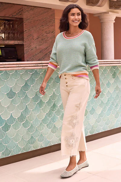 Audrey Button-Fly Wide Crop Jeans With Floral Detail by Tribal