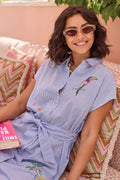 Embroidered Stripe Cotton Button-Front Belted Shirt Dress by Tribal