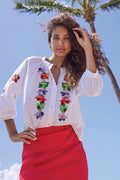 Embroidered Poplin 3/4 Sleeve Notch Neck Blouse by Tribal