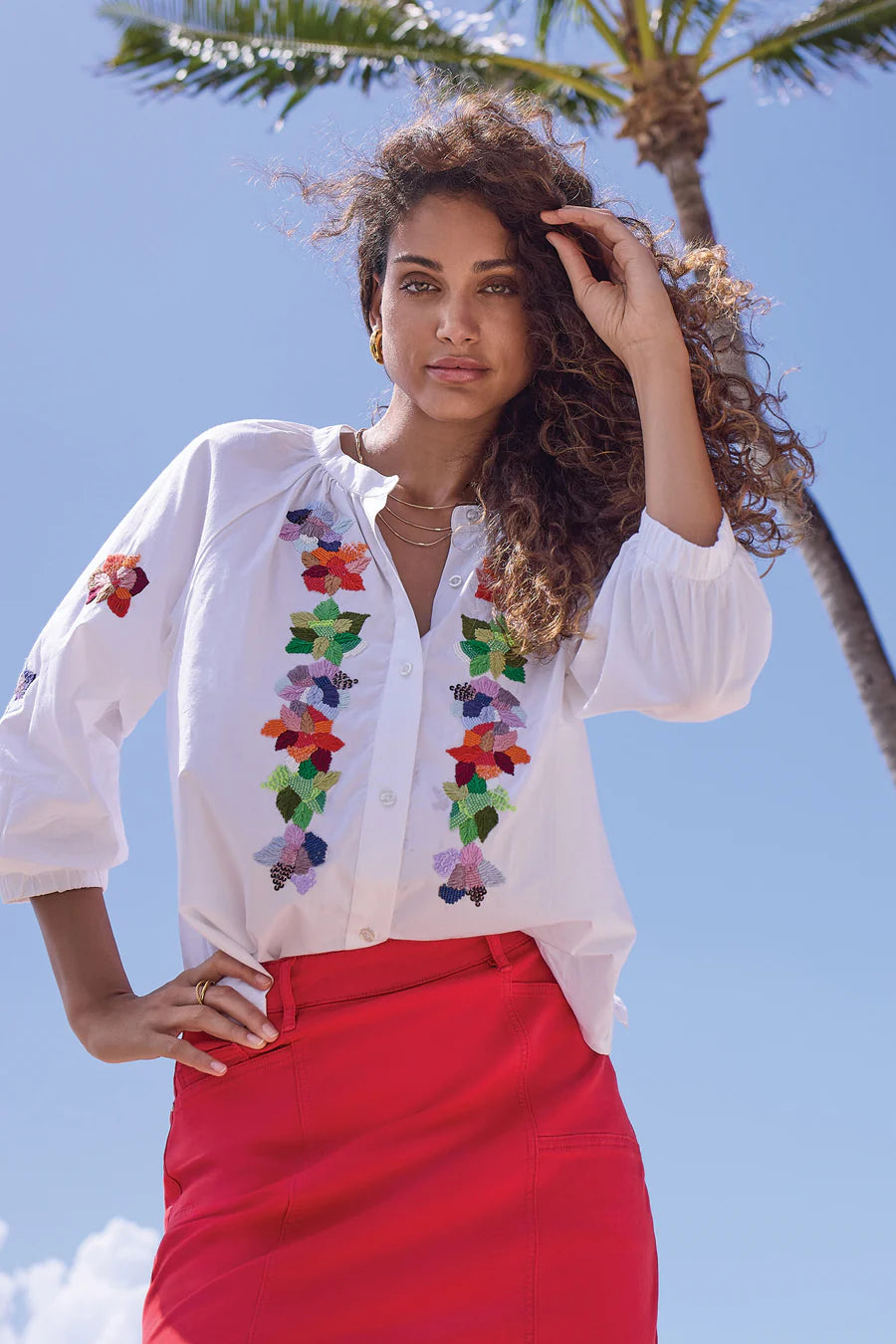 Embroidered Poplin 3/4 Sleeve Notch Neck Blouse by Tribal