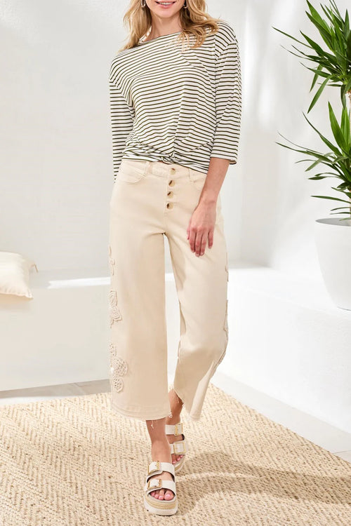 Audrey Button-Fly Wide Crop Jeans With Floral Detail by Tribal