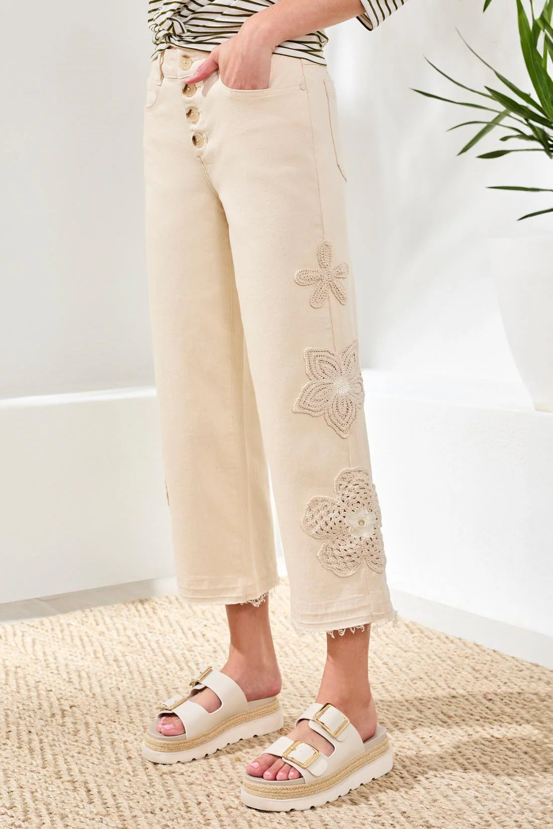 Audrey Button-Fly Wide Crop Jeans With Floral Detail by Tribal
