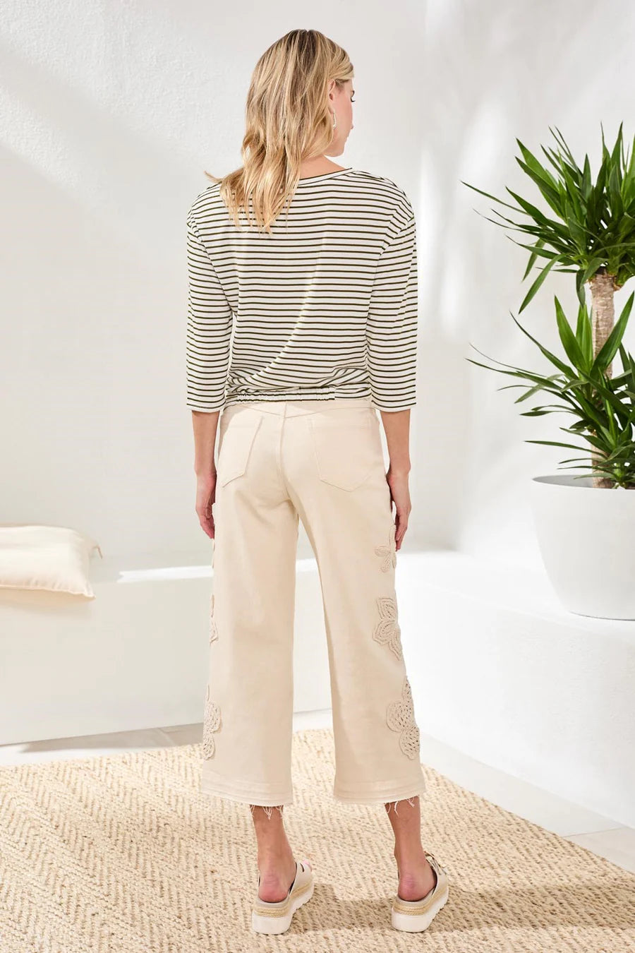 Audrey Button-Fly Wide Crop Jeans With Floral Detail by Tribal