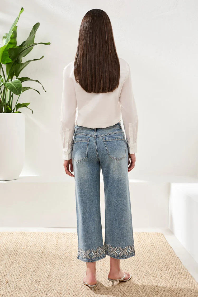 Audrey Hugging Wide Leg Denim With Embroidered Finish by Tribal