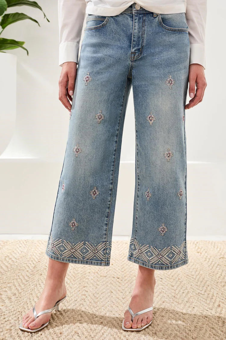 Audrey Hugging Wide Leg Denim With Embroidered Finish by Tribal