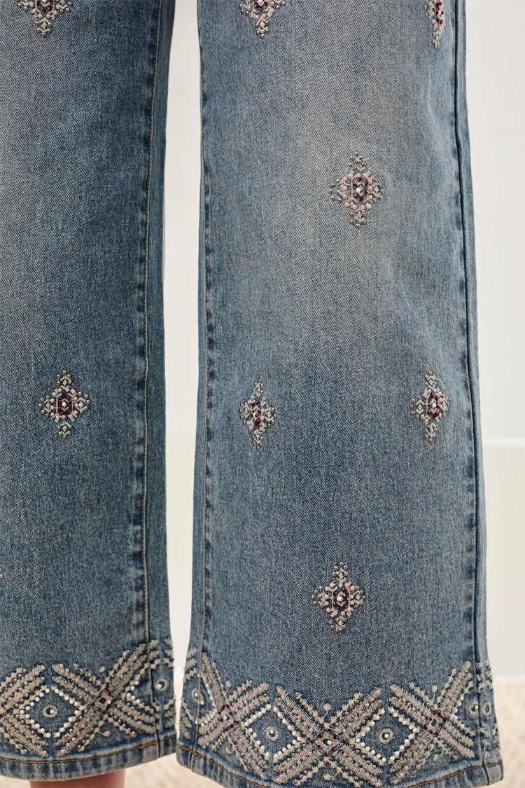 Audrey Hugging Wide Leg Denim With Embroidered Finish by Tribal