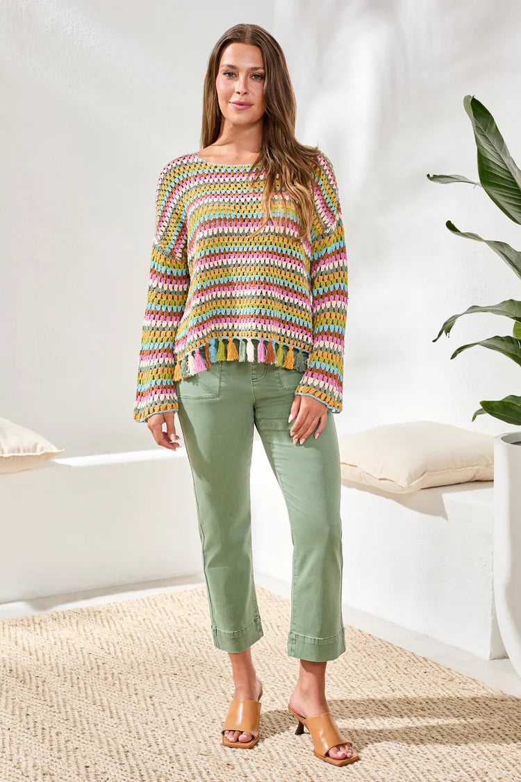 Multicolor Crochet Bell Sleeve Sweater With Tassels by Tribal