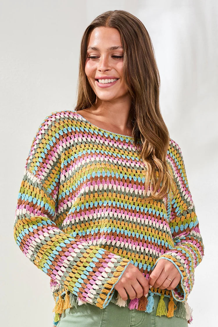 Multicolor Crochet Bell Sleeve Sweater With Tassels by Tribal