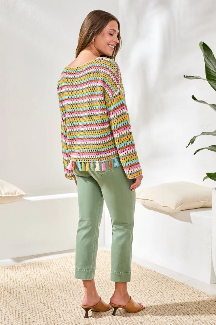 Multicolor Crochet Bell Sleeve Sweater With Tassels by Tribal