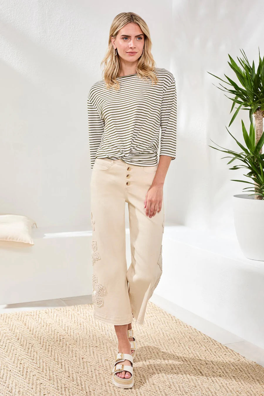 Boat Neck 3/4 Sleeve Top W/ Knot Detail by Tribal