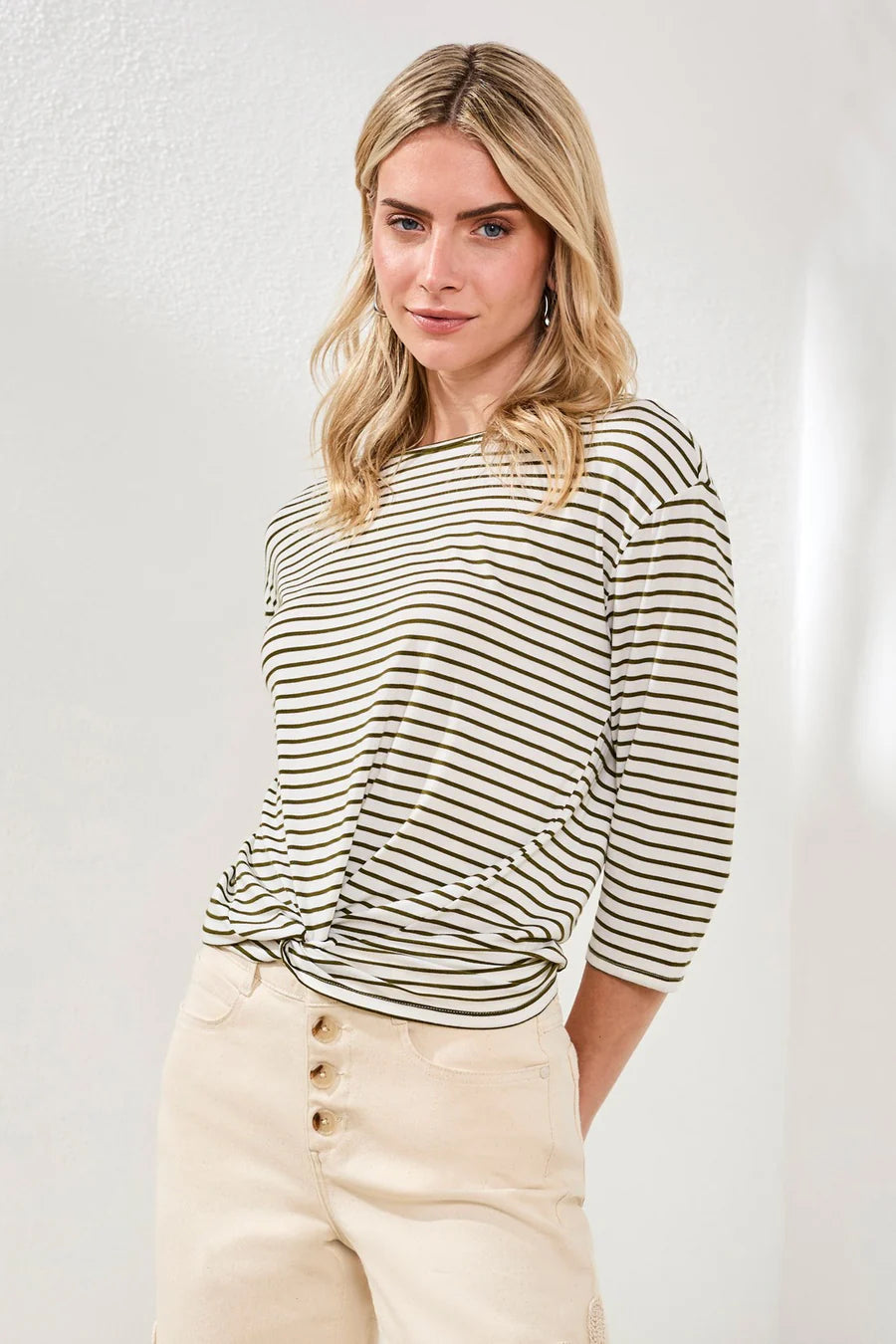 Boat Neck 3/4 Sleeve Top W/ Knot Detail by Tribal