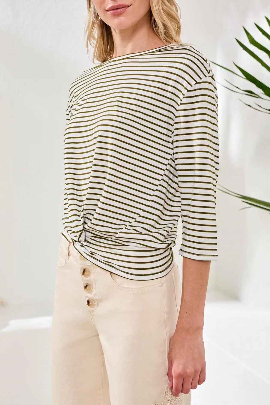 Boat Neck 3/4 Sleeve Top W/ Knot Detail by Tribal