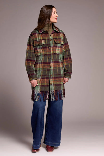 Brushed Plaid Fringed Hem Shacket by Tribal