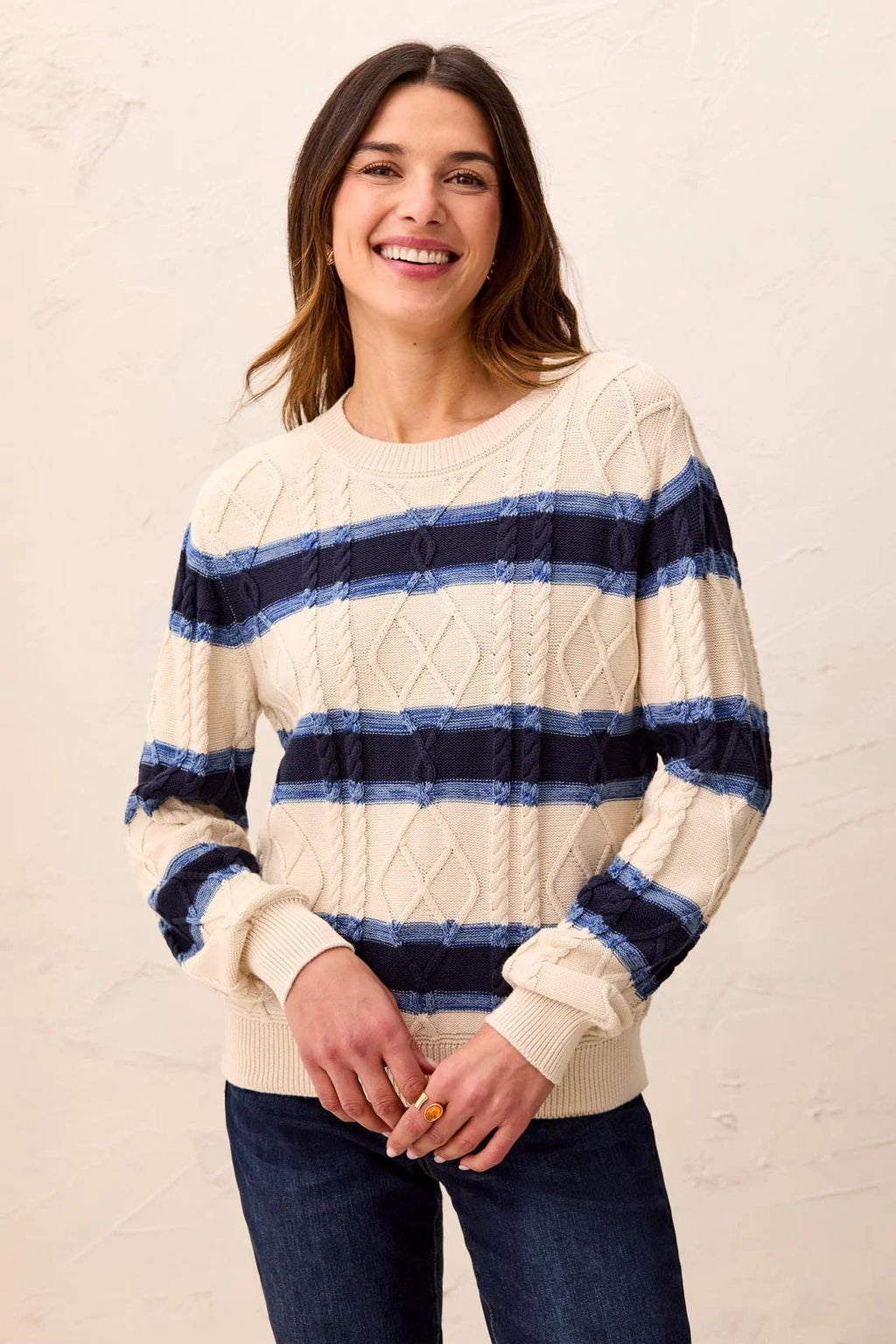 Cable Knit Striped Cotton Crew Neck Sweater by Tribal