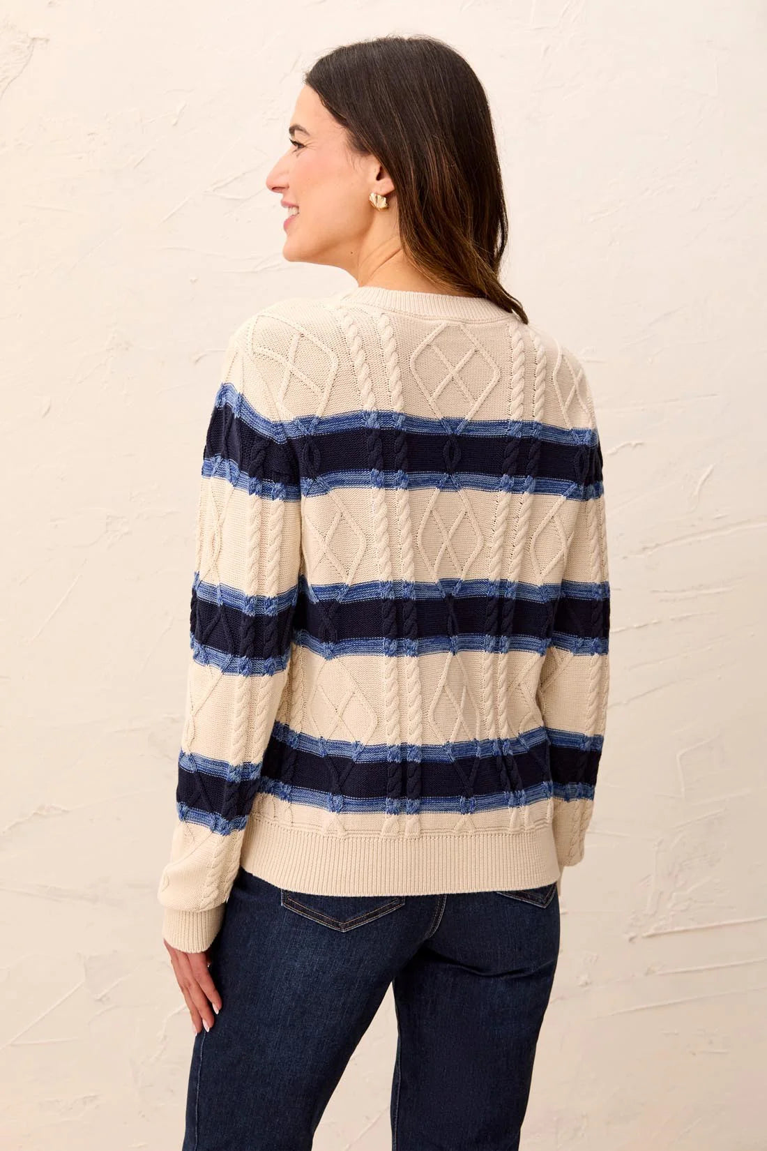 Cable Knit Striped Cotton Crew Neck Sweater by Tribal