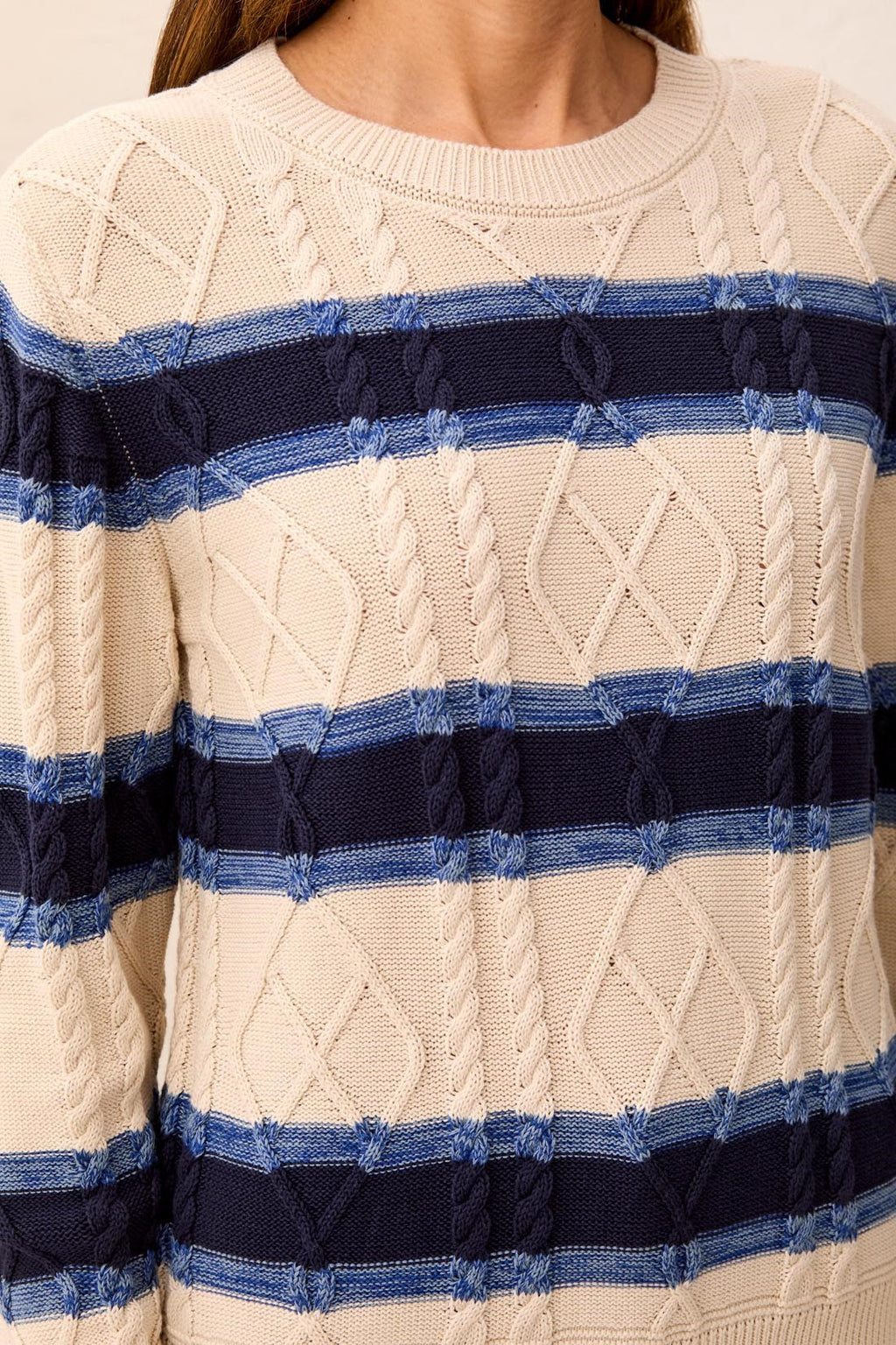 Cable Knit Striped Cotton Crew Neck Sweater by Tribal