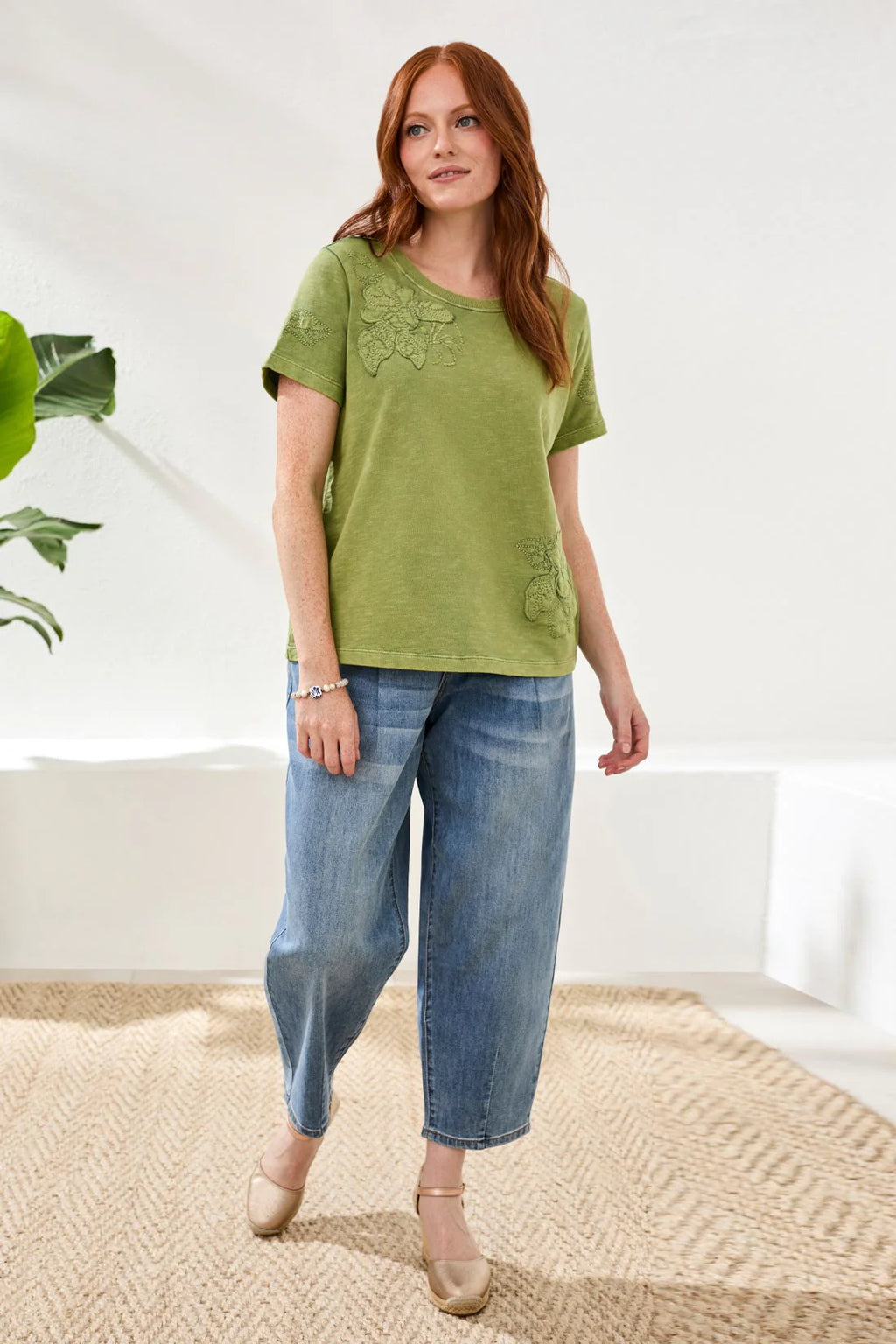 Crew Neck Short Sleeve Tee with Embroidered Applique by Tribal