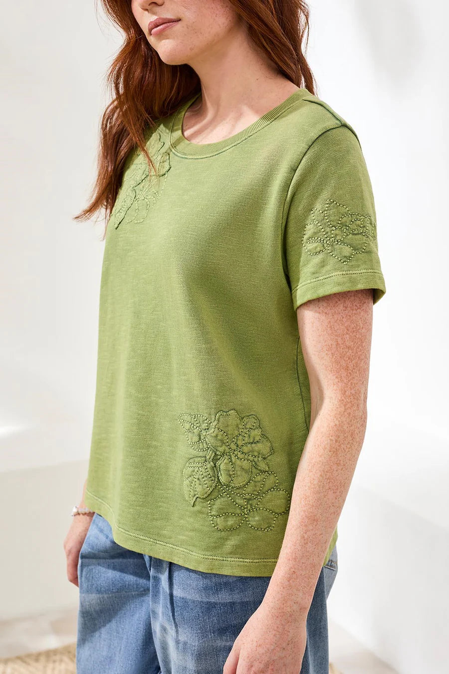 Crew Neck Short Sleeve Tee with Embroidered Applique by Tribal