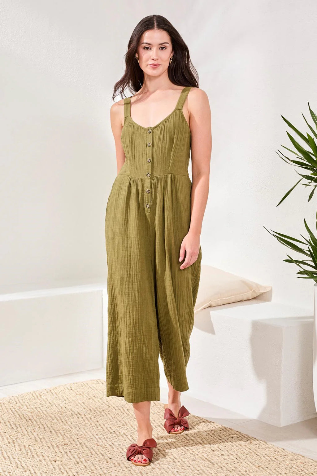 Crinkled Gauze Jumpsuit With Smocking At Back by Tribal