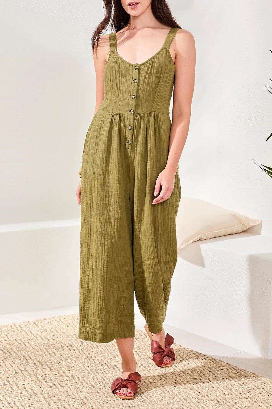 Crinkled Gauze Jumpsuit With Smocking At Back by Tribal