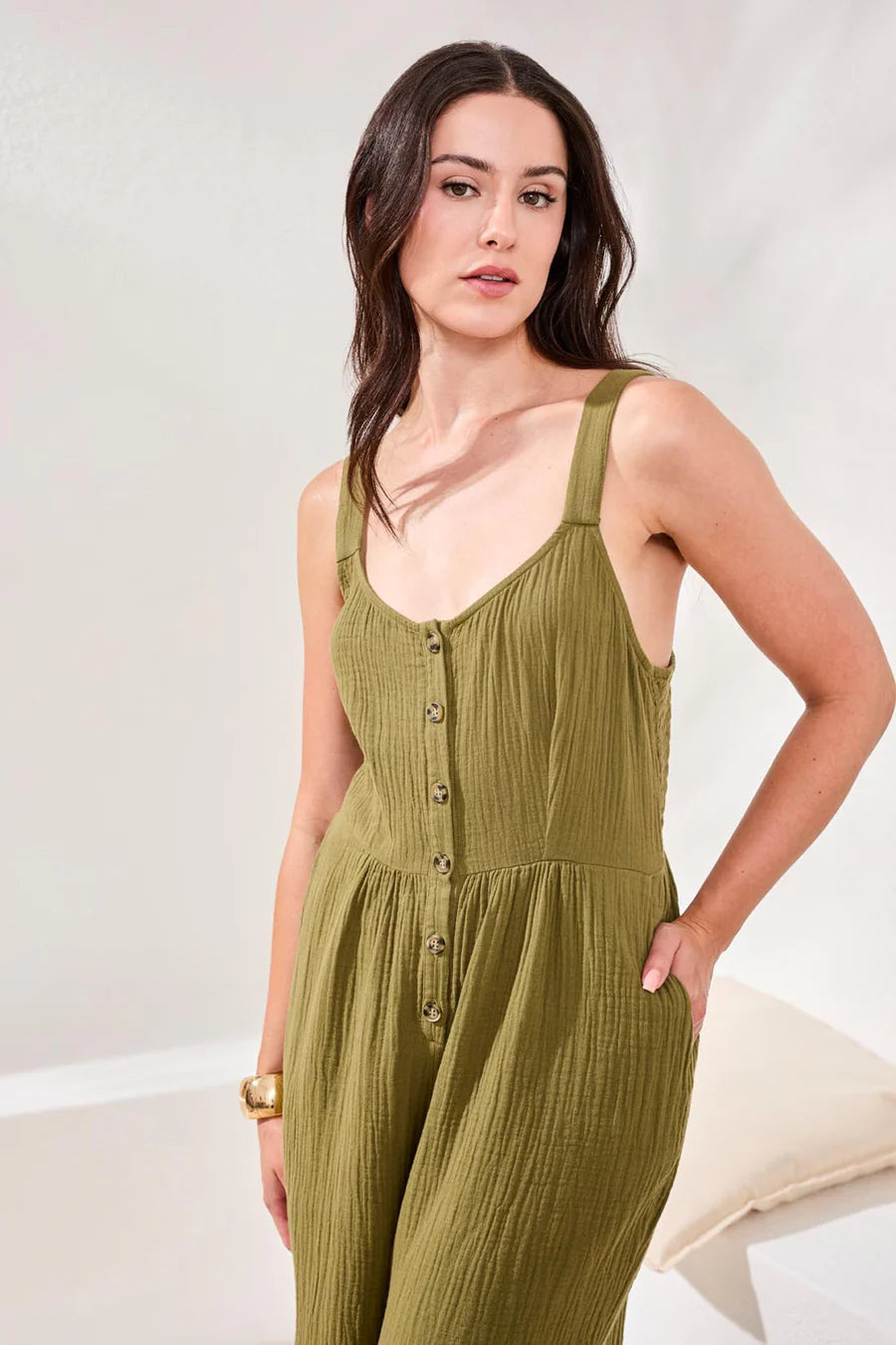 Crinkled Gauze Jumpsuit With Smocking At Back by Tribal