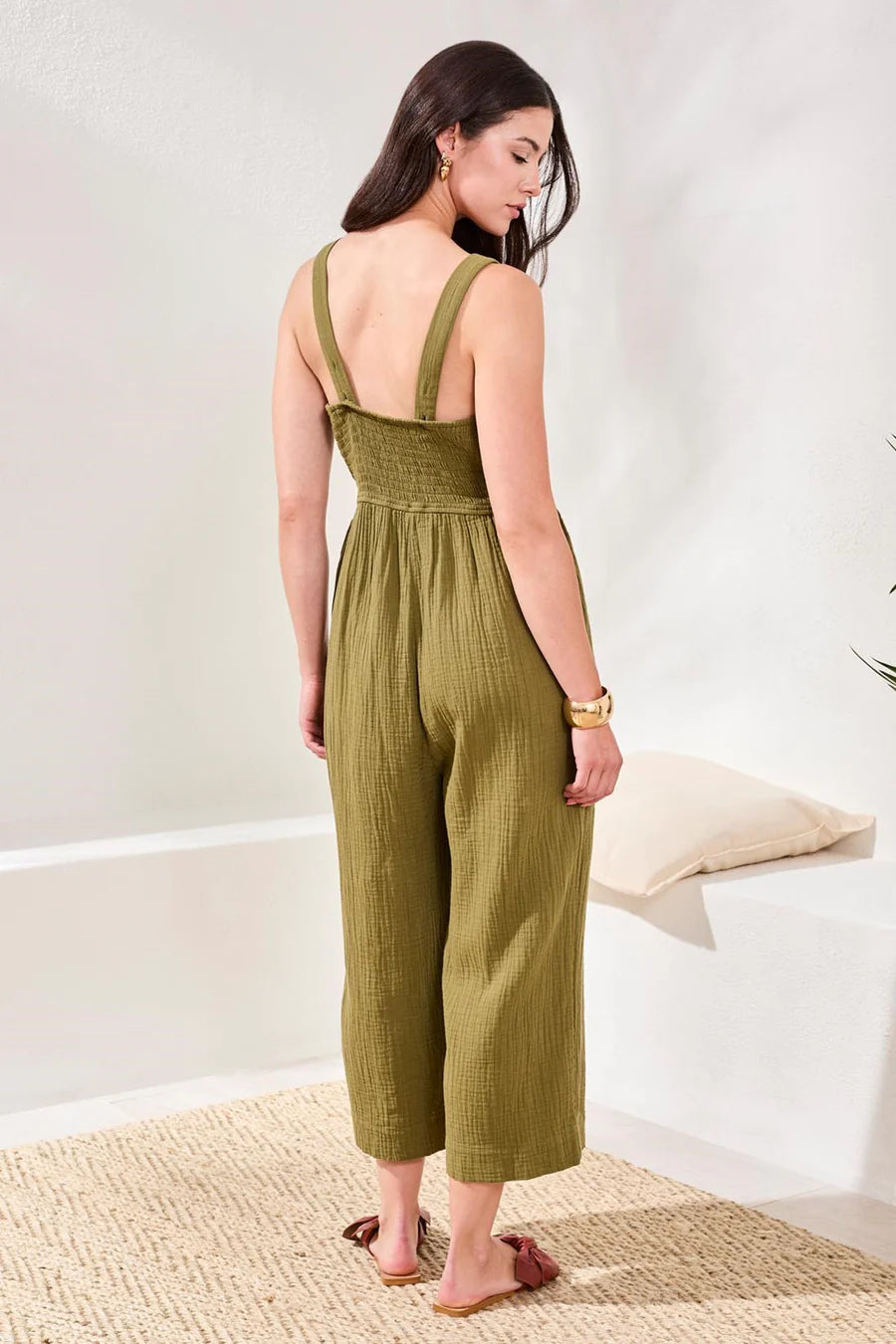 Crinkled Gauze Jumpsuit With Smocking At Back by Tribal