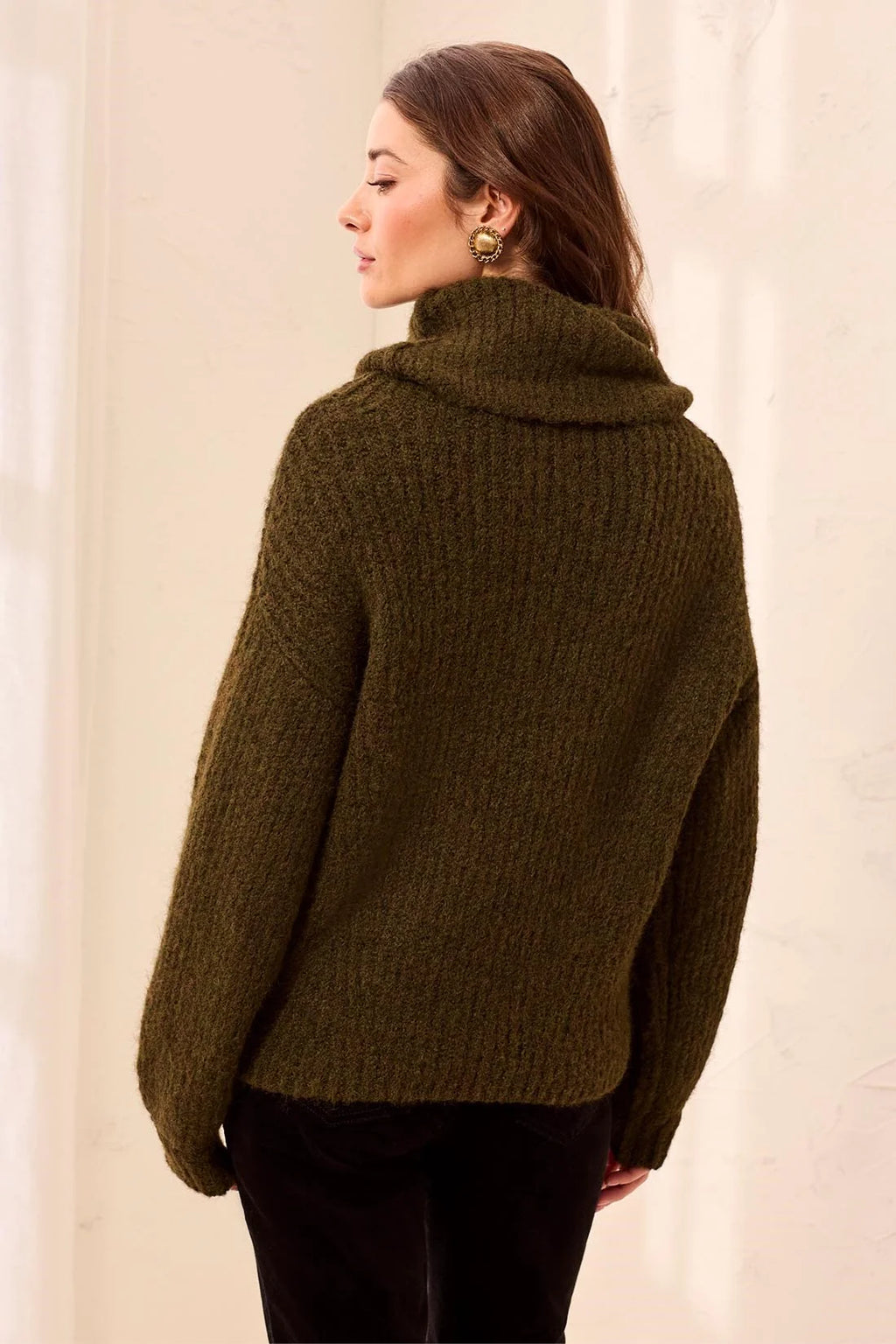 Tribal Drama Funnel Neck Long Puff Sleeve Textured Sweater