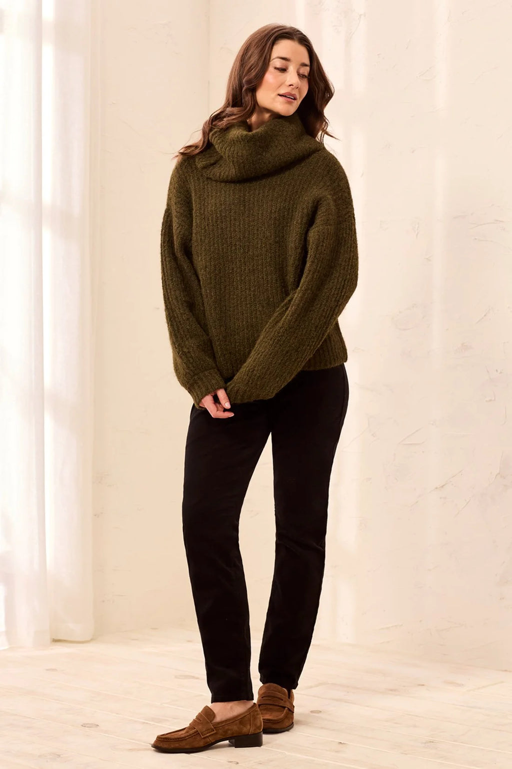 Tribal Drama Funnel Neck Long Puff Sleeve Textured Sweater