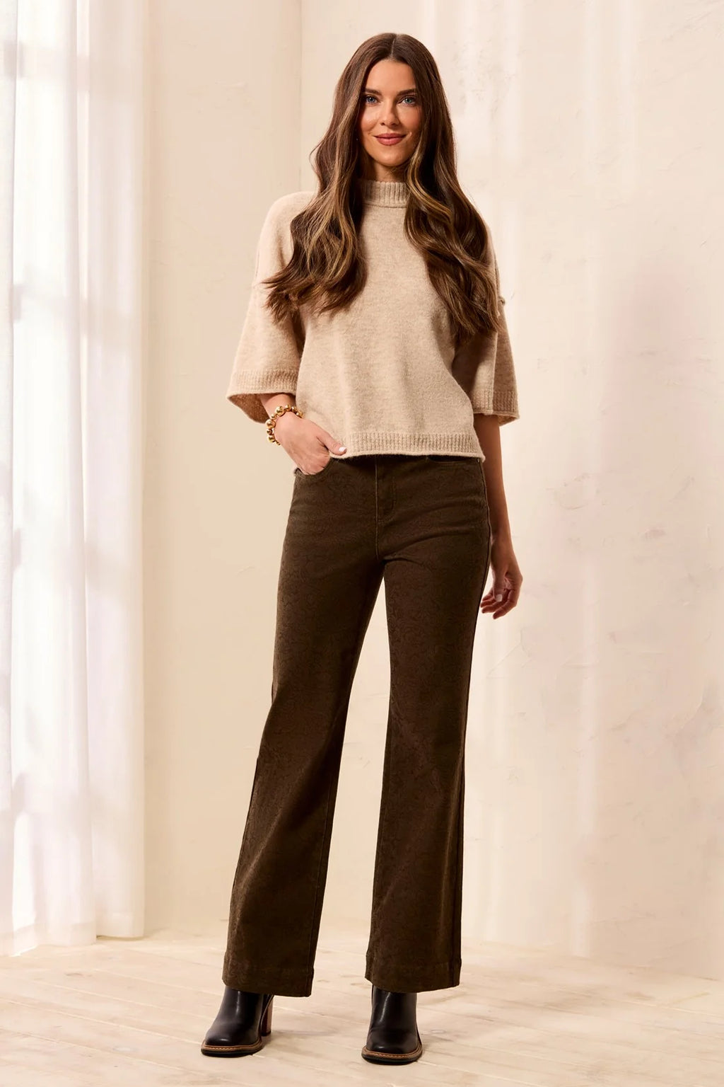Tribal Soft Pattern High Rise Wide Leg Embossed Pants