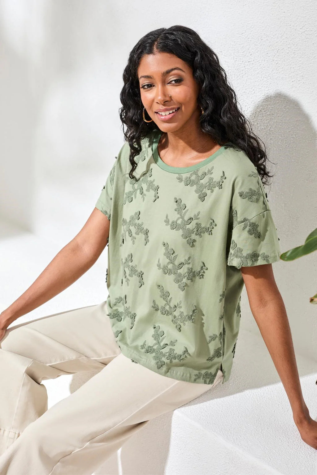 Embroidered Short Sleeve Crew Neck Top by Tribal
