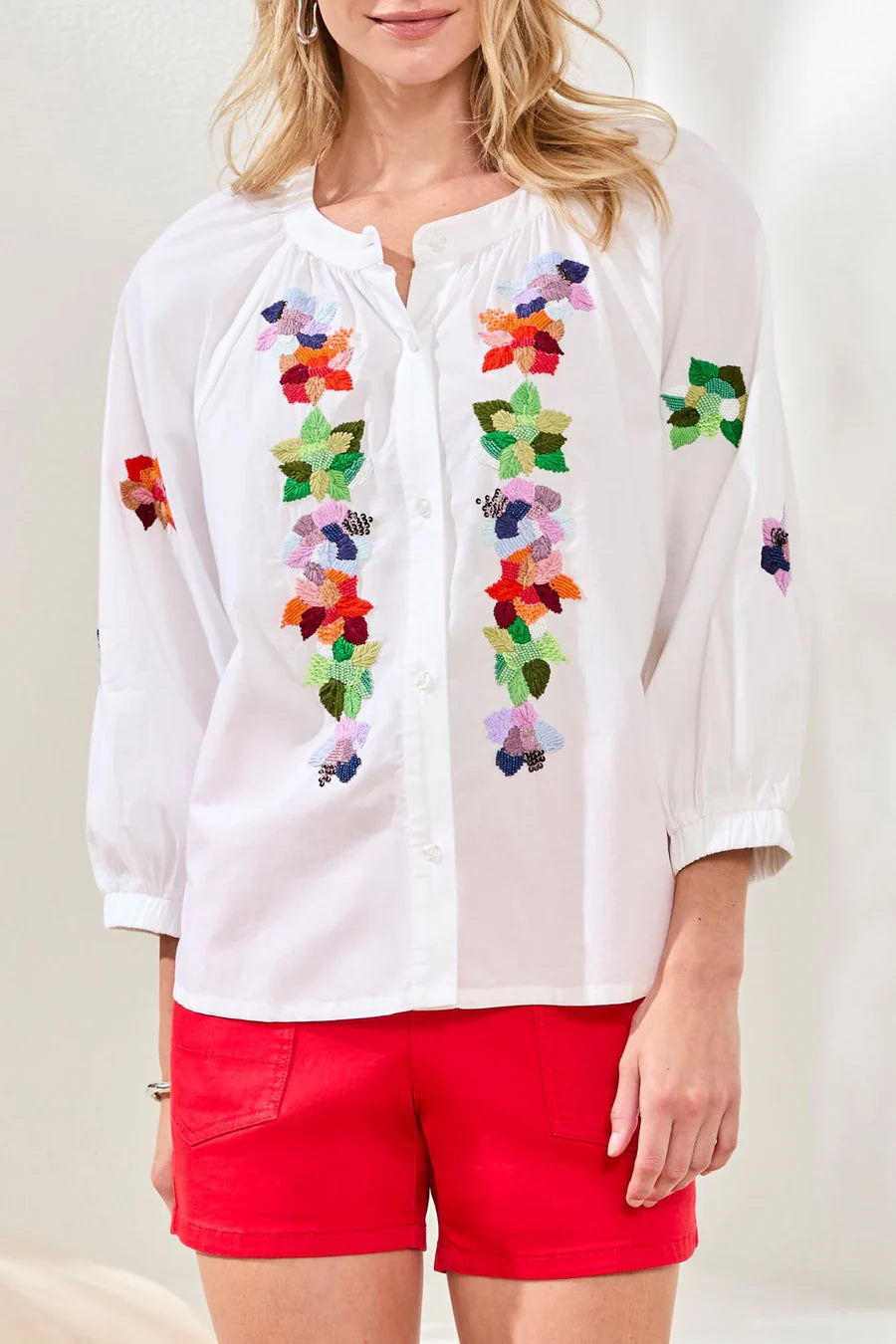 Embroidered Poplin 3/4 Sleeve Notch Neck Blouse by Tribal