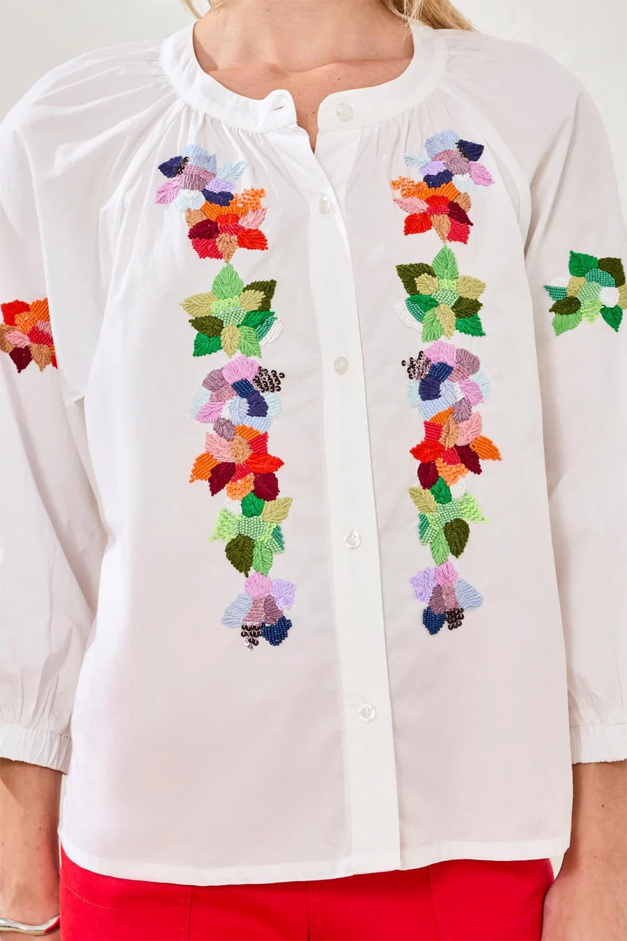 Embroidered Poplin 3/4 Sleeve Notch Neck Blouse by Tribal