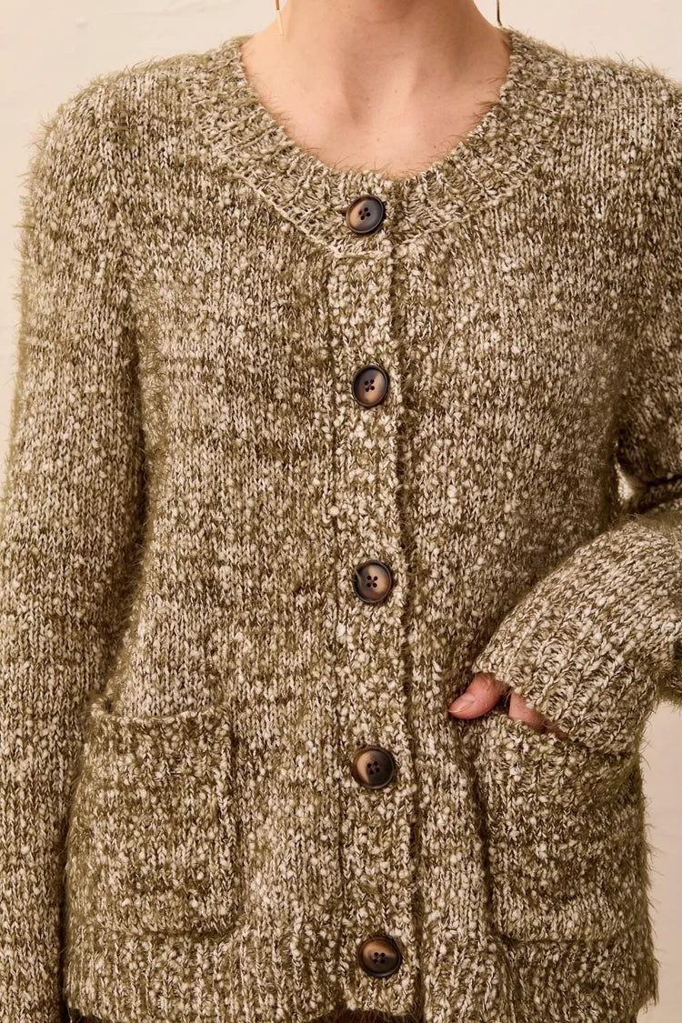 Tribal Eyelash Yarn Button-Front Cardigan