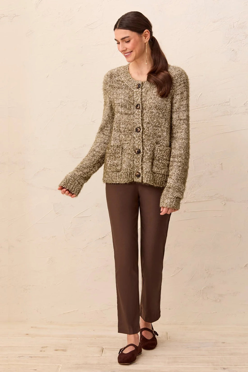 Tribal Eyelash Yarn Button-Front Cardigan