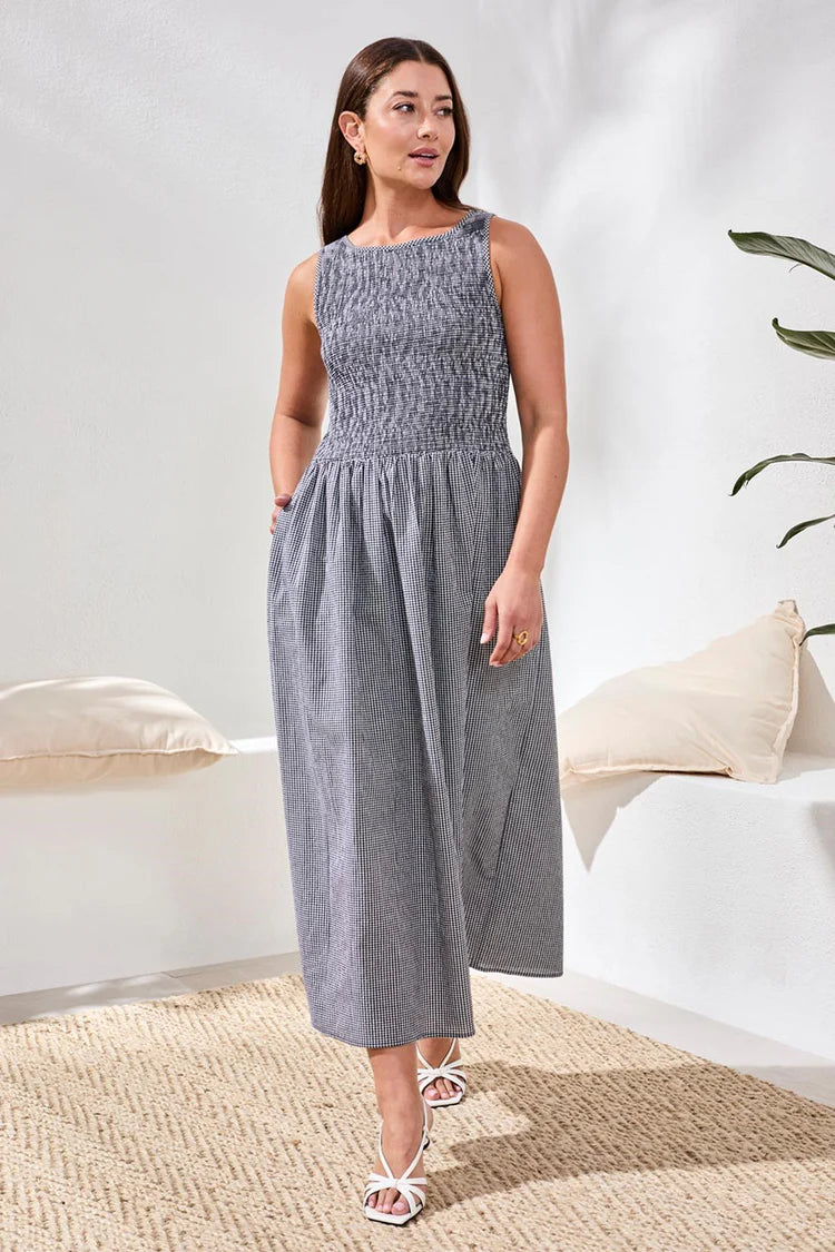 Gingham Smocked-Bodice Maxi Dress by Tribal