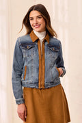 Tribal Mixed Media Mixed Media Zip Front Denim Jacket with Suede Trim