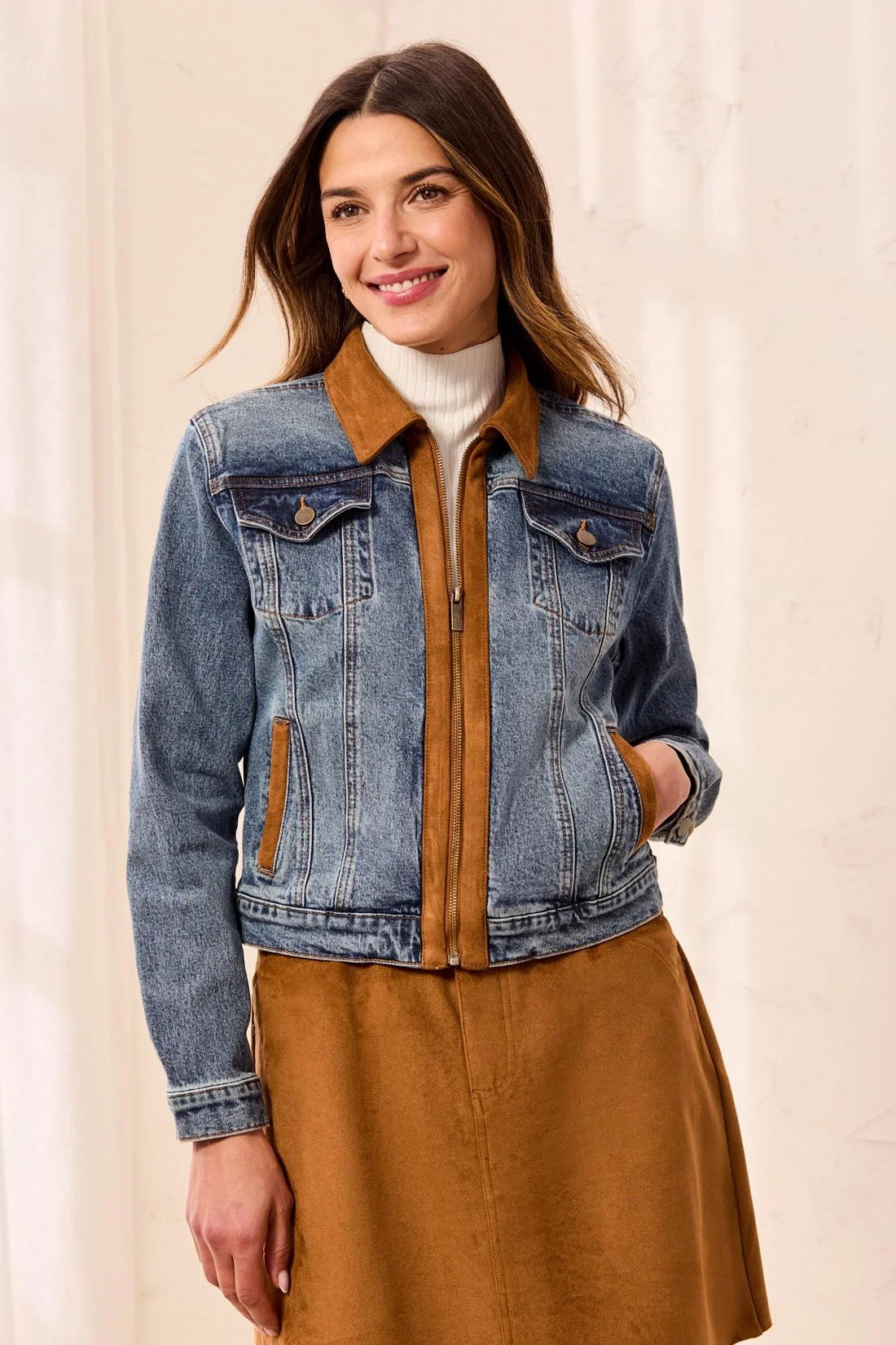 Tribal Mixed Media Mixed Media Zip Front Denim Jacket with Suede Trim