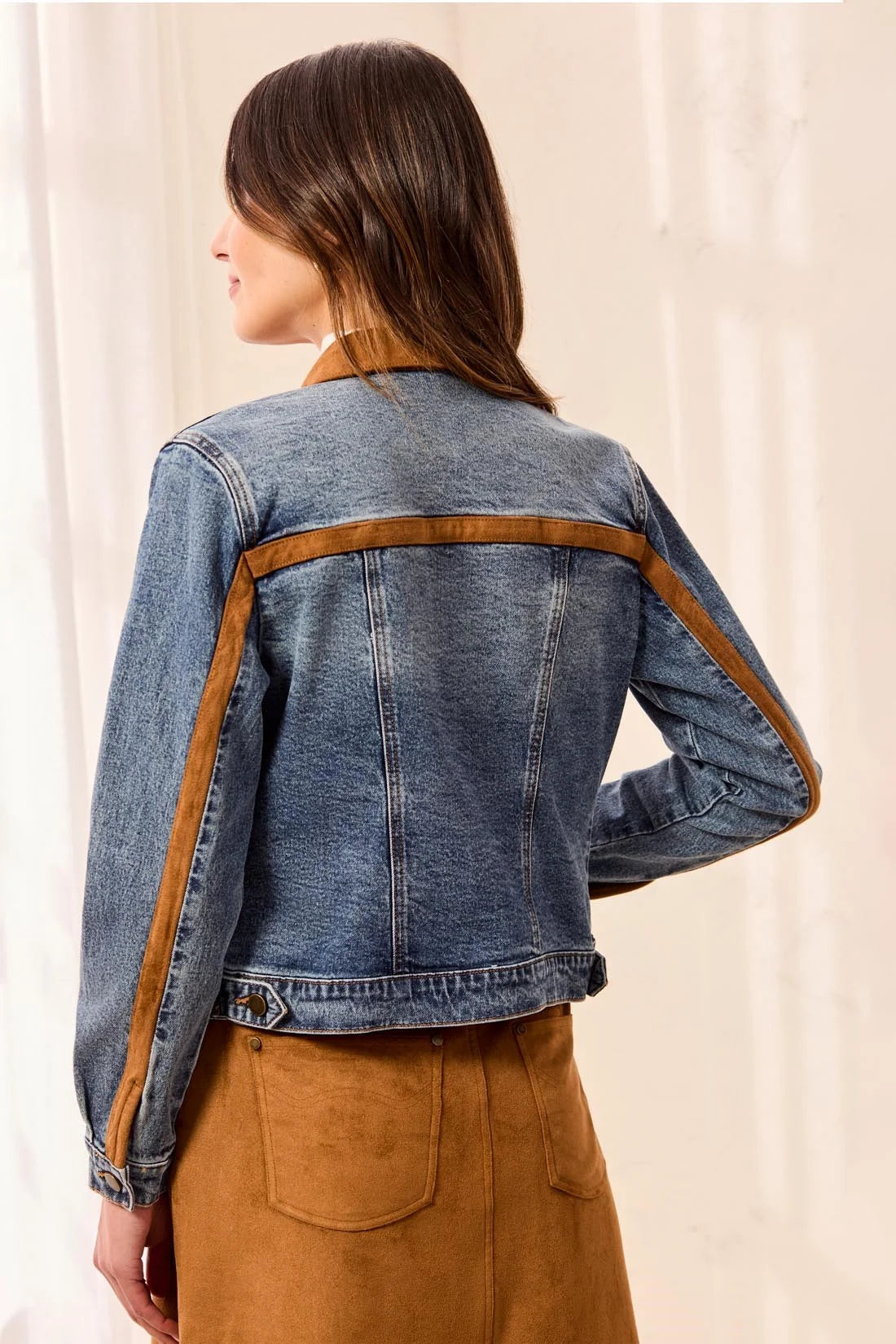 Tribal Mixed Media Mixed Media Zip Front Denim Jacket with Suede Trim