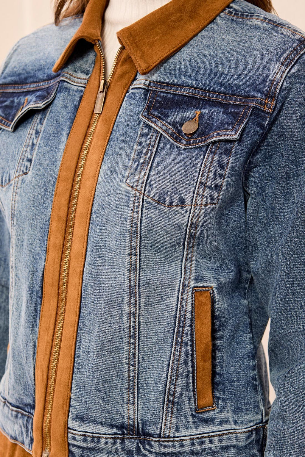 Tribal Mixed Media Mixed Media Zip Front Denim Jacket with Suede Trim