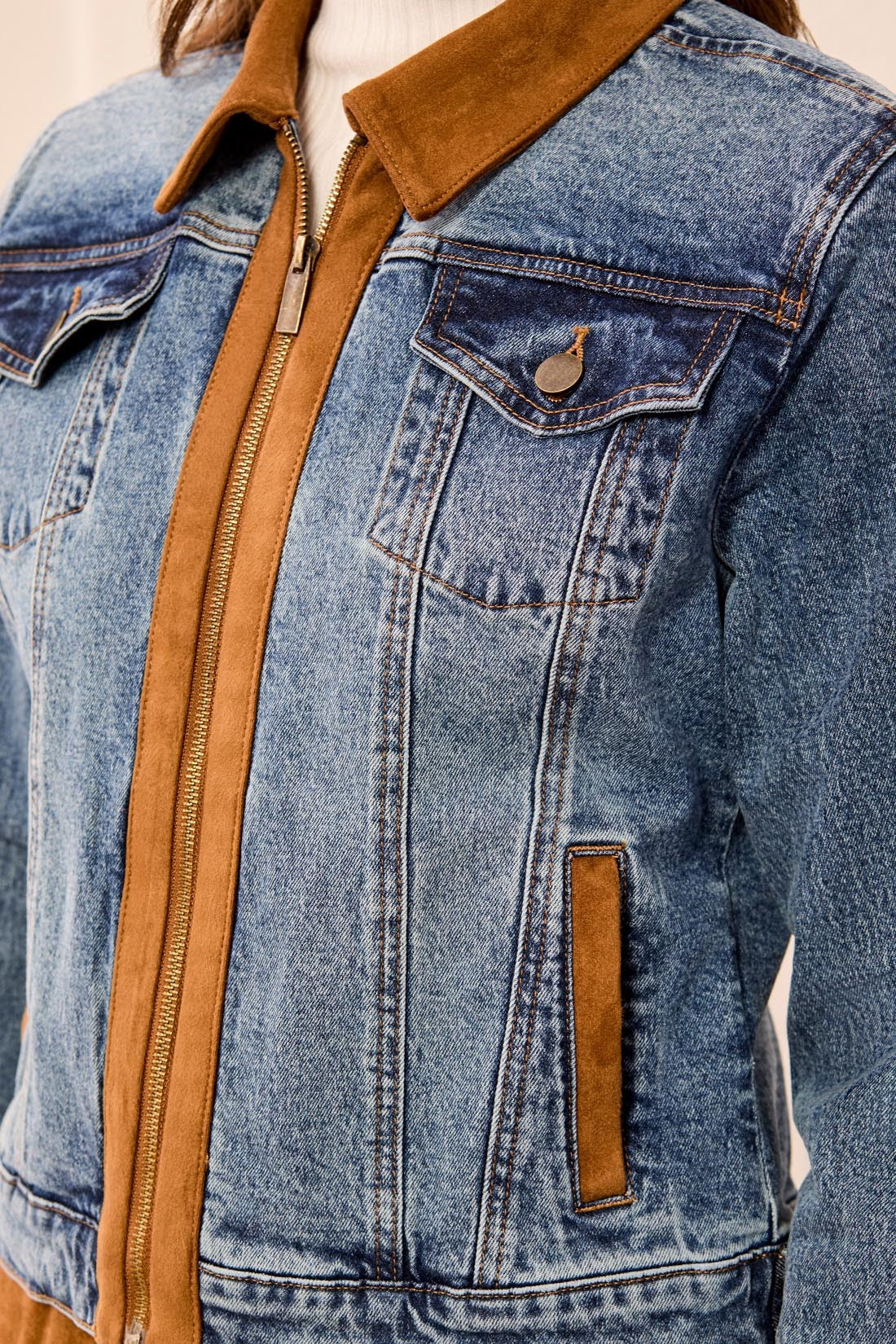 Tribal Mixed Media Mixed Media Zip Front Denim Jacket with Suede Trim