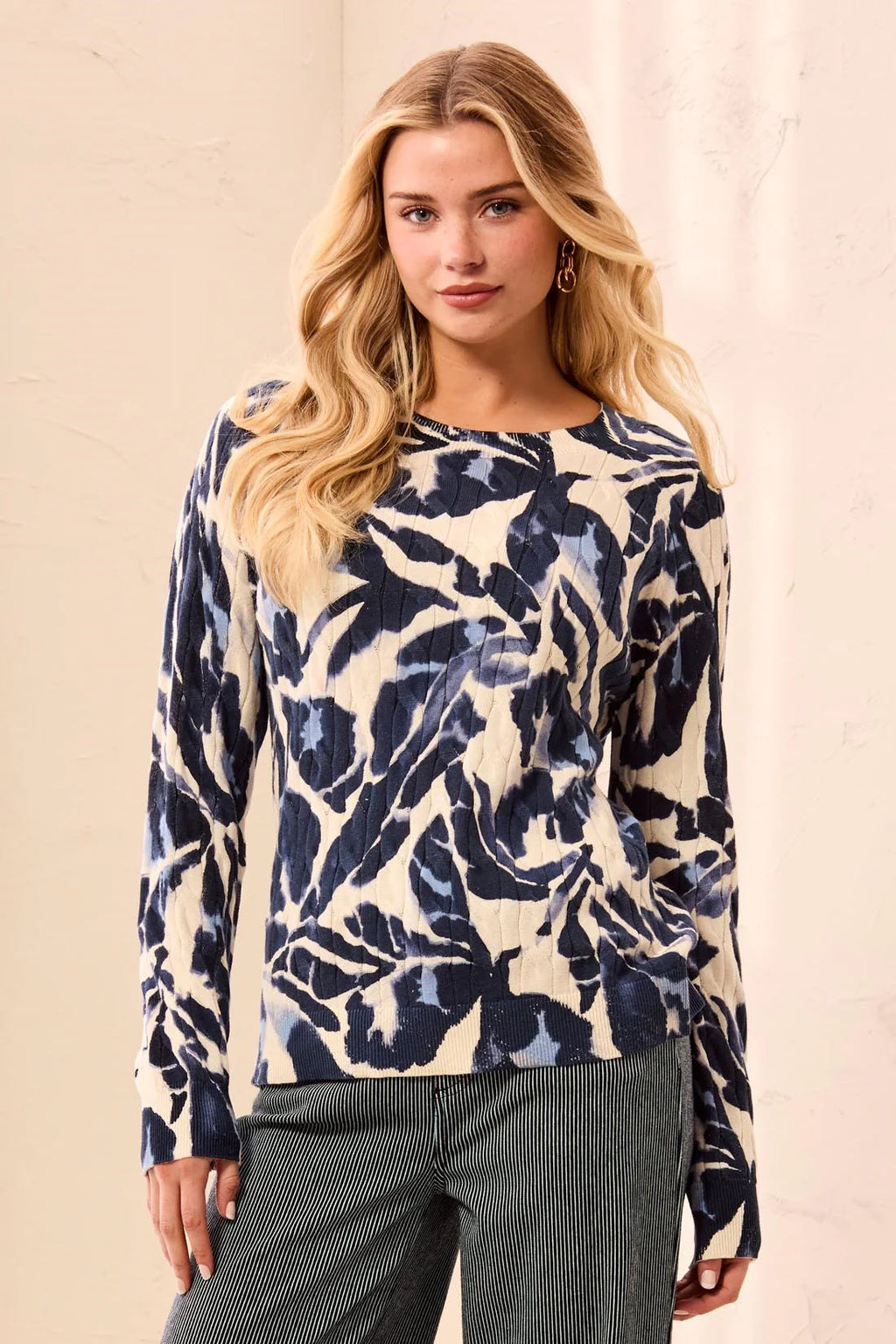 Printed Cable Cotton Crew Neck Sweater by Tribal
