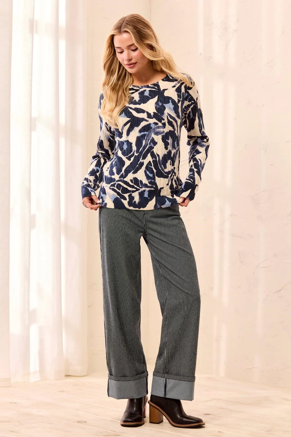 Printed Cable Cotton Crew Neck Sweater by Tribal