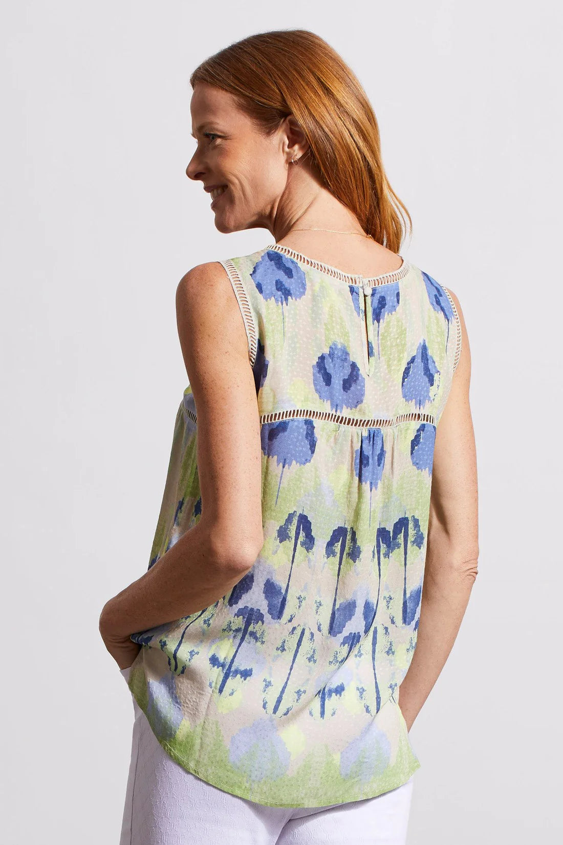 Printed Sleeveless Top with Ladder Tape Detail