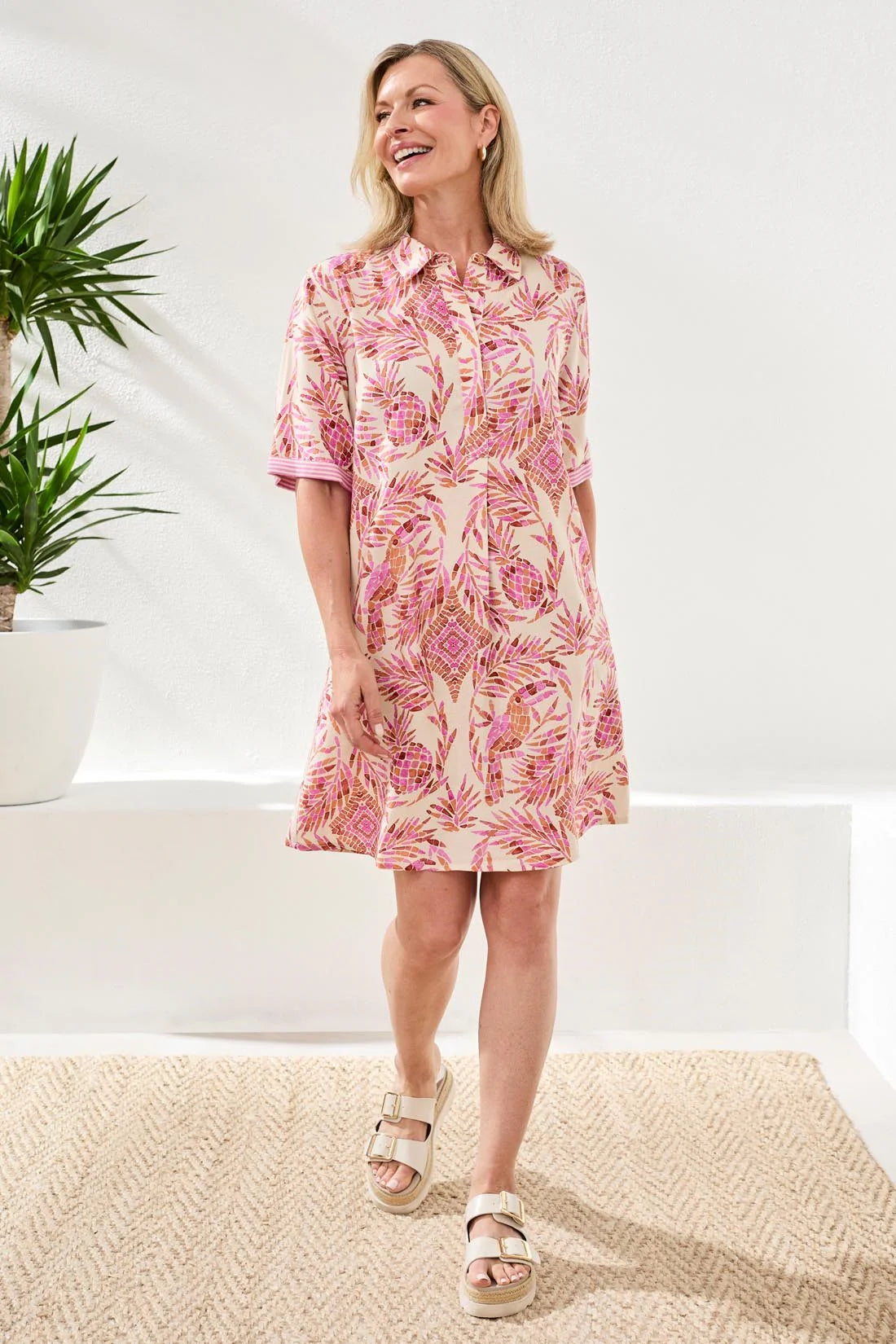 Linen Blend Short Sleeve Shift Dress