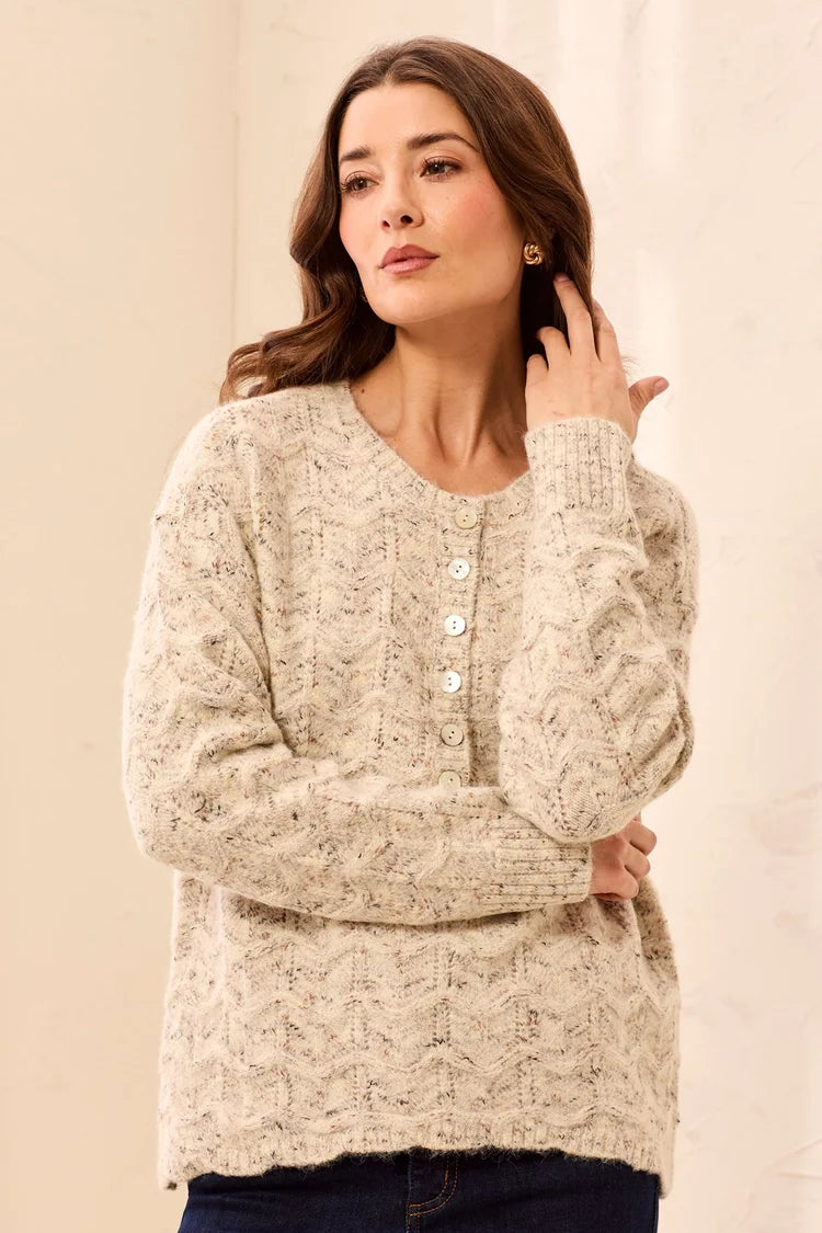 Tribal Soft Textured Scallop Hem Henley Buttoned Sweater
