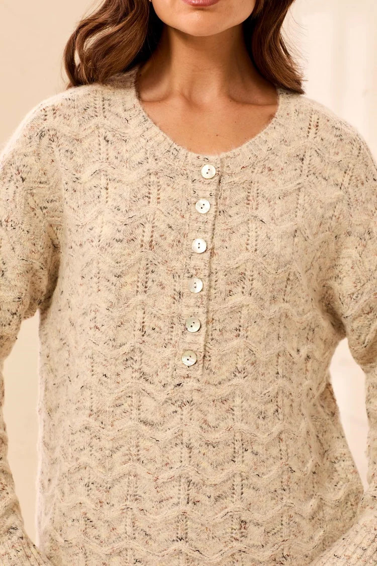 Tribal Soft Textured Scallop Hem Henley Buttoned Sweater