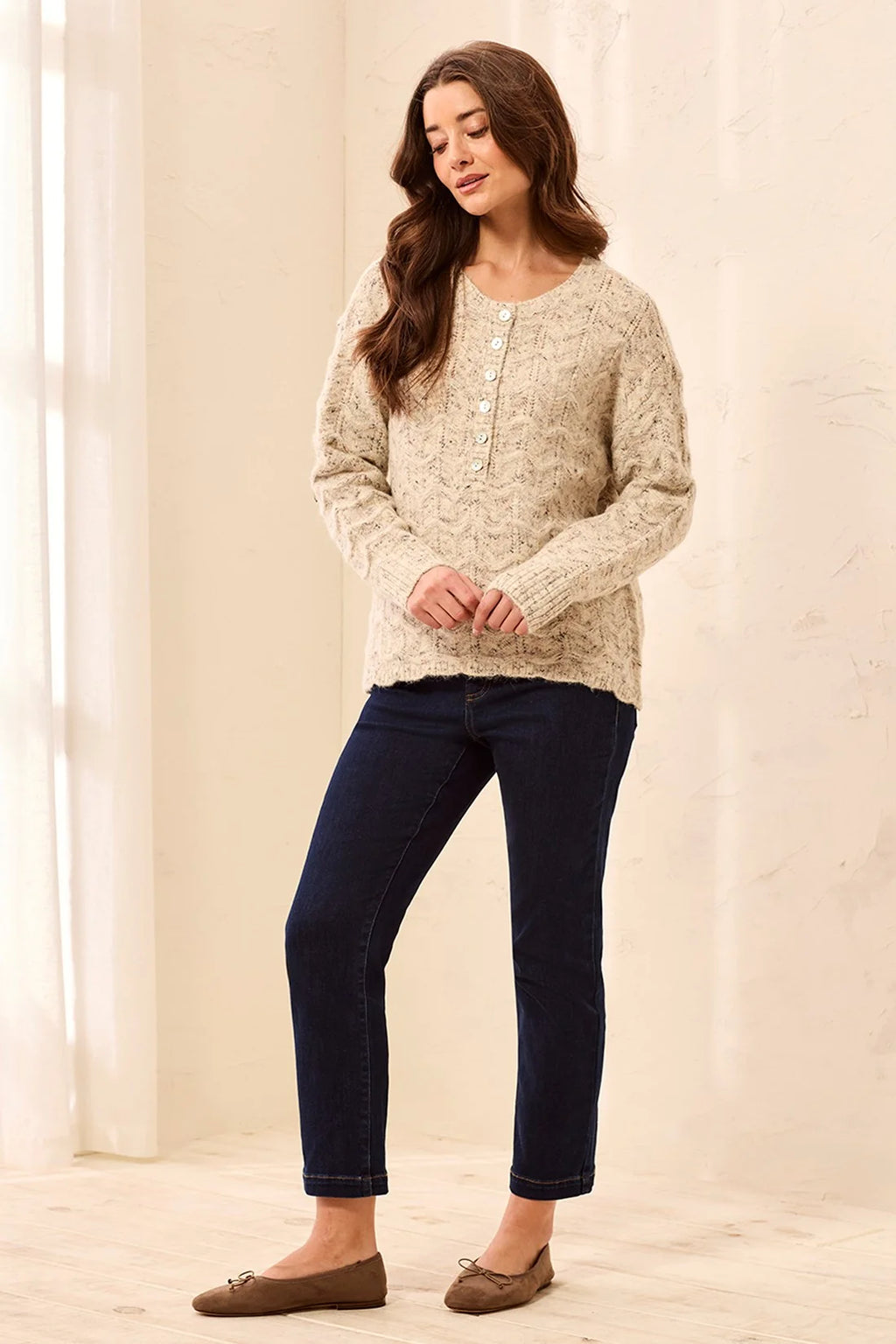 Tribal Soft Textured Scallop Hem Henley Buttoned Sweater