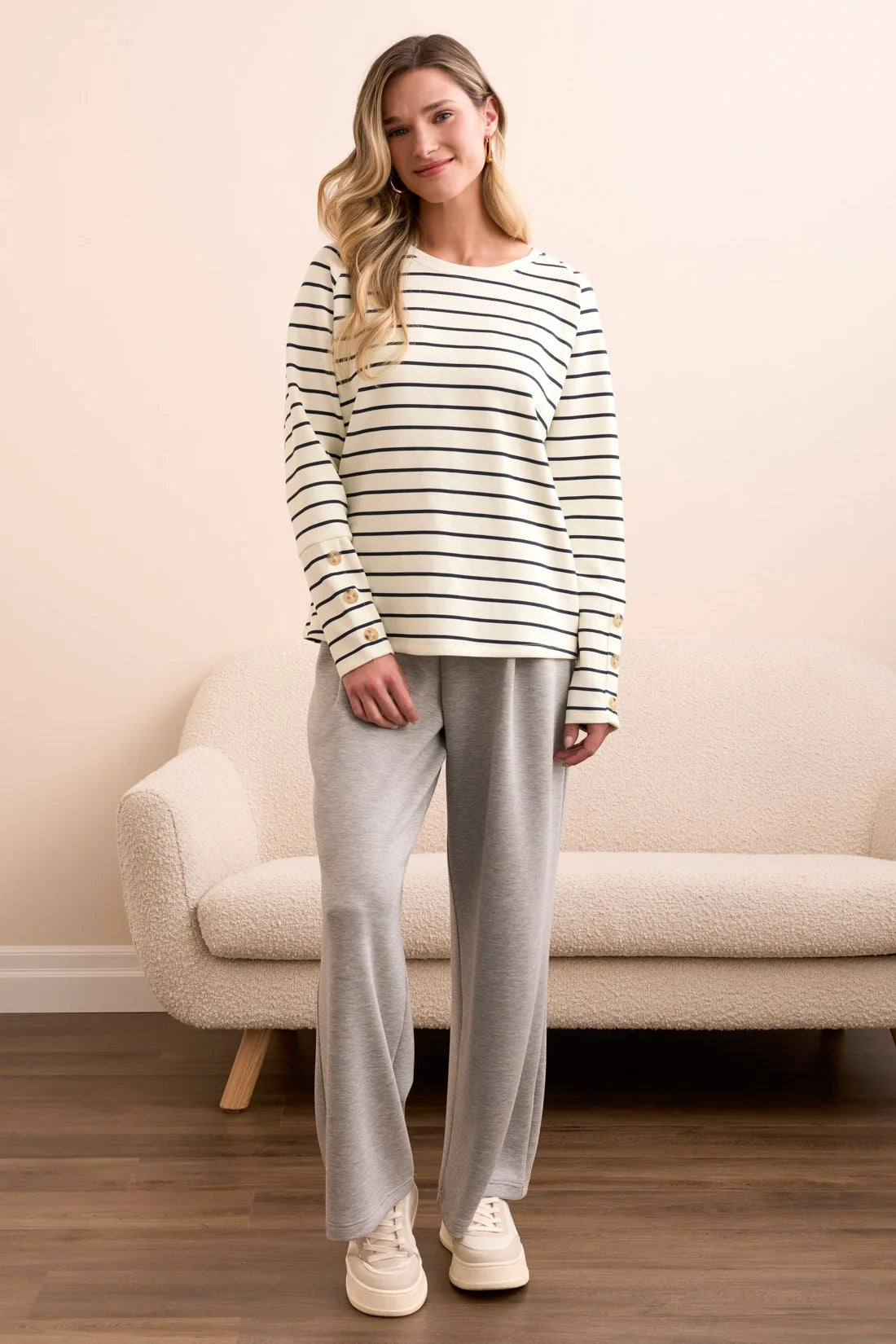 Striped Scuba Knit Button Sleeve Top by Tribal