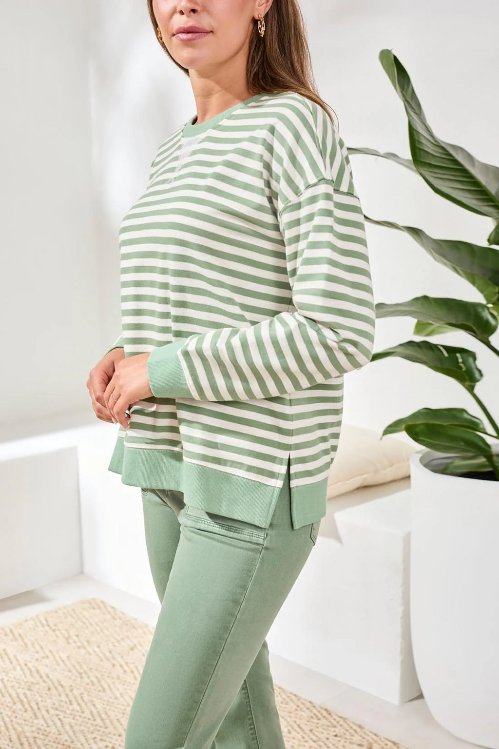 Striped French Terry Crew Neck Top by Tribal
