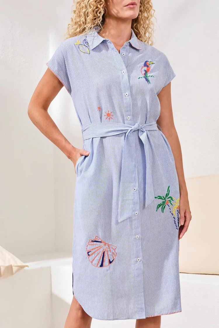 Embroidered Stripe Cotton Button-Front Belted Shirt Dress by Tribal